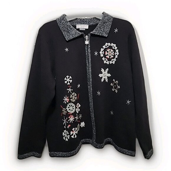 ALLISON DALEY Black Embroidered Snowflakes Sweater Cardigan Beaded Size L Petite - Picture 1 of 7